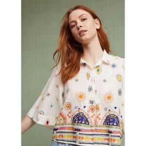 Anthropologie Eliot Boho Embroidered Cotton Popover Blouse | XS